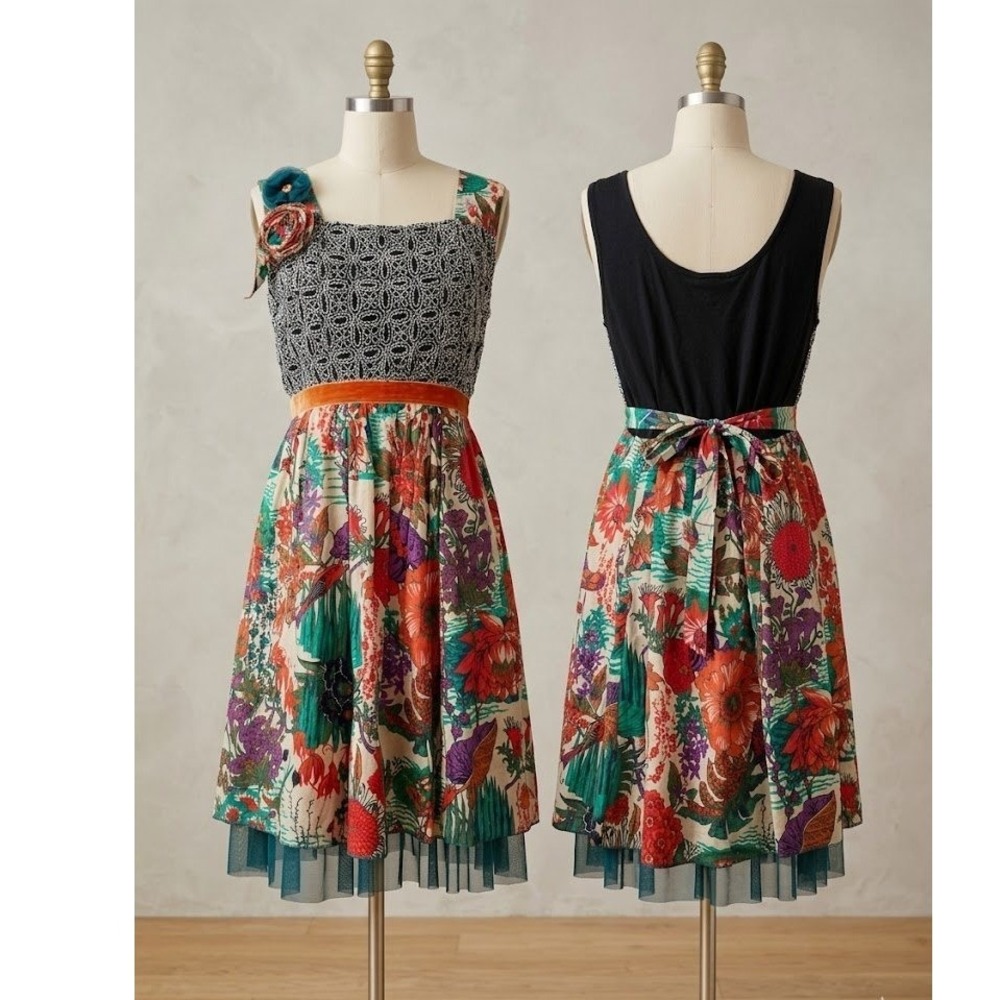 Klozlyne‎ Whimsical Floral Fit Flare Dress LP Cottagecore Artsy
